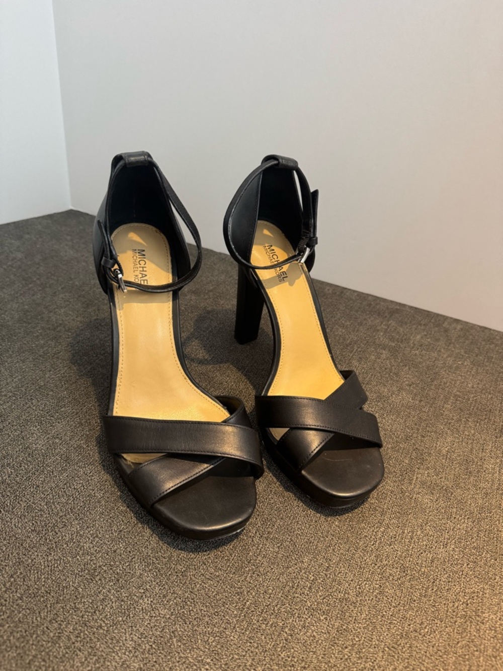 Michael Kors Black Leather Crisscross Ankle-Strap Block Heel Sandals